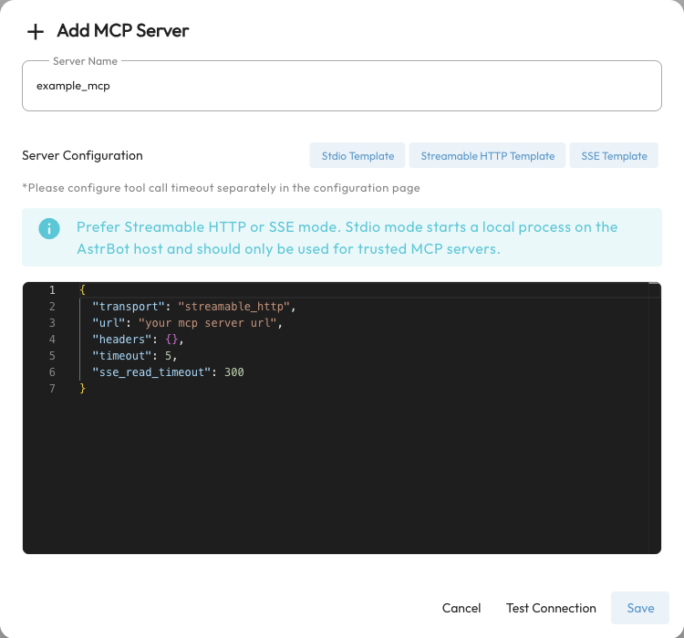 The Add MCP Server configuration dialog
