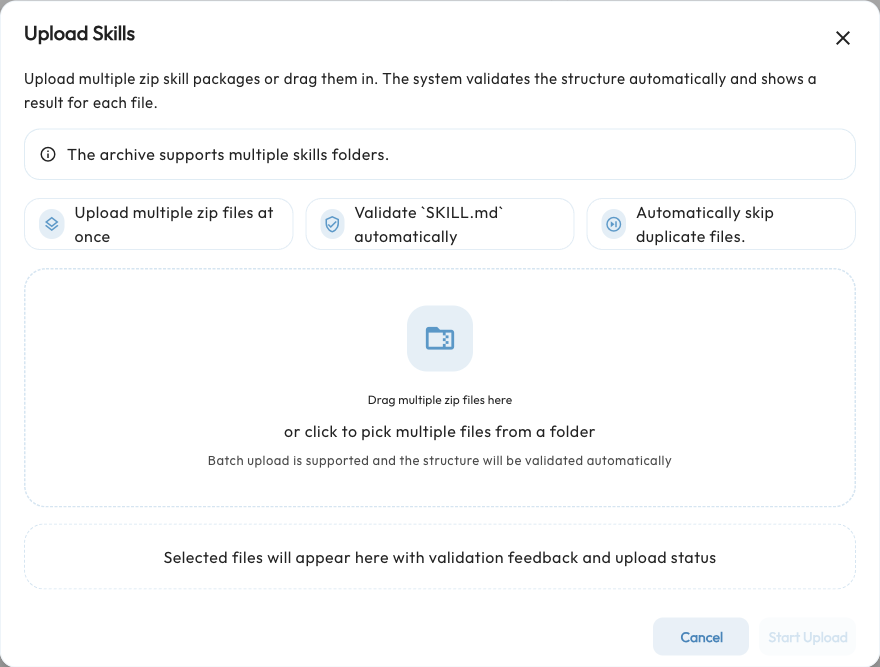 The batch Skill upload dialog
